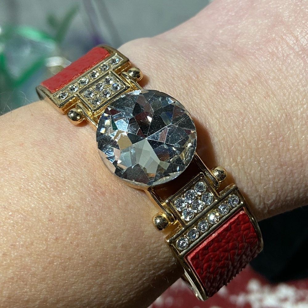 Statement Headlight Rhinestone Red Faux Leather Bracelet